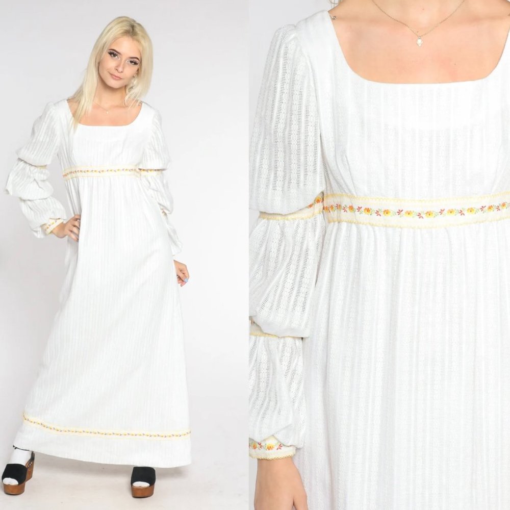 VINTAGE/RETRO 70s White Peasant Dress: Floral Trim, Long Sleeve, Empire Waist